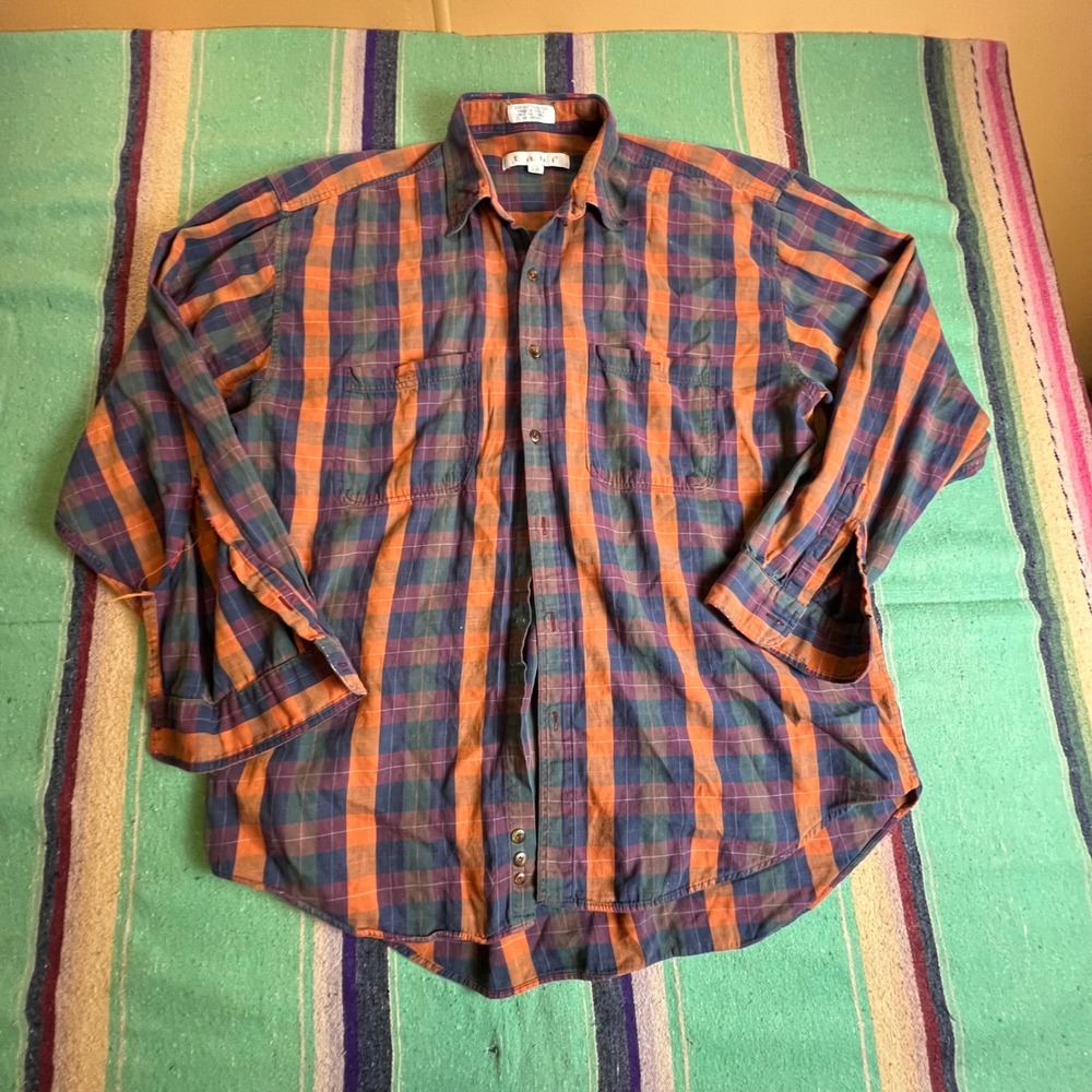 Tabi Plaid Button Down Shirt Mens Large Orange Purple Distressed Vintage Cotton